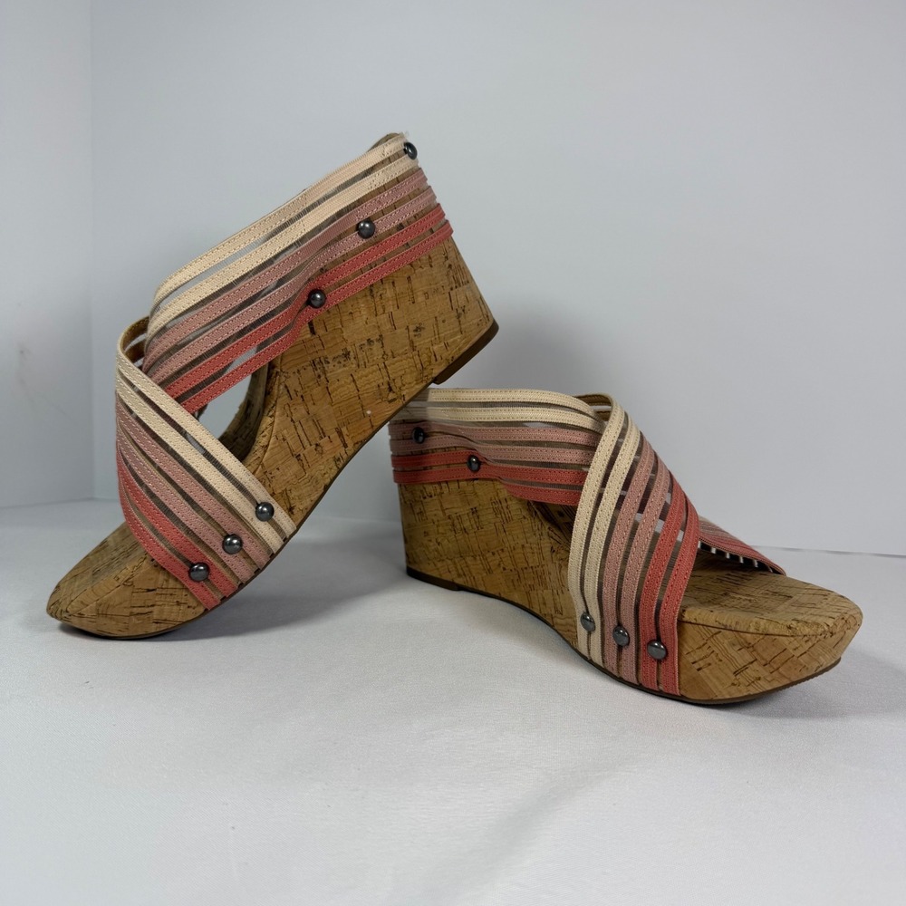 Lucky Brand Myraia‎ Cork Wedge Sandals Pink Coral Striped Elastic Straps 8.5M